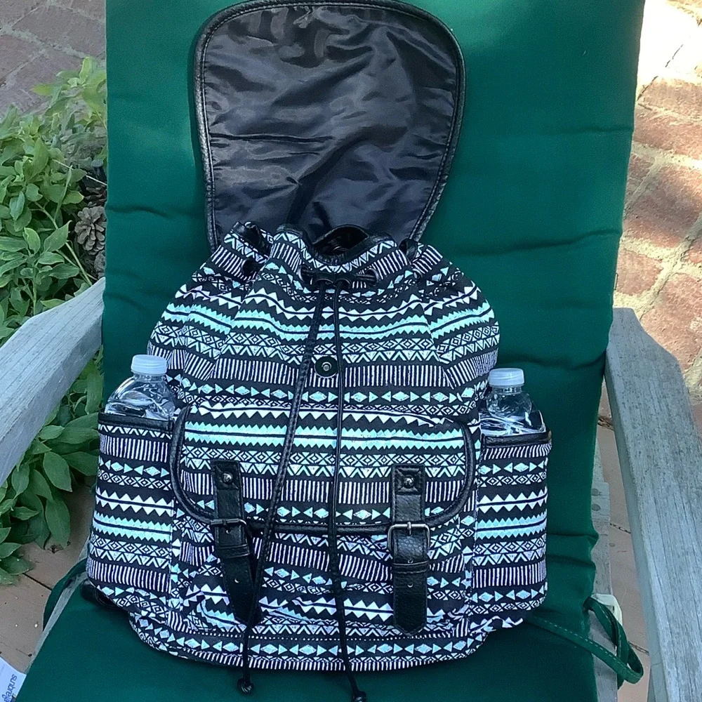 Backpack Mint Green Print Black Trim Side Pockets Drawstring Top New